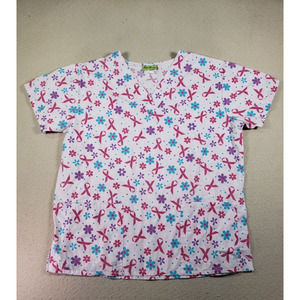 Pro Active‎ Shirt Womens XL White Floral V-Neck Scrub Top Medical Nurse Dental